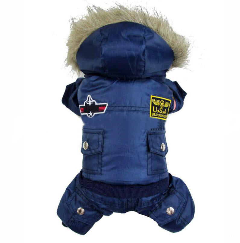 An Air Force dog cozy snowsuit is warm and available at Adorable Pet Supply.