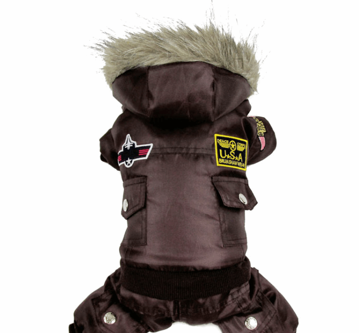 An Air Force dog cozy snowsuit is warm and available at Adorable Pet Supply.