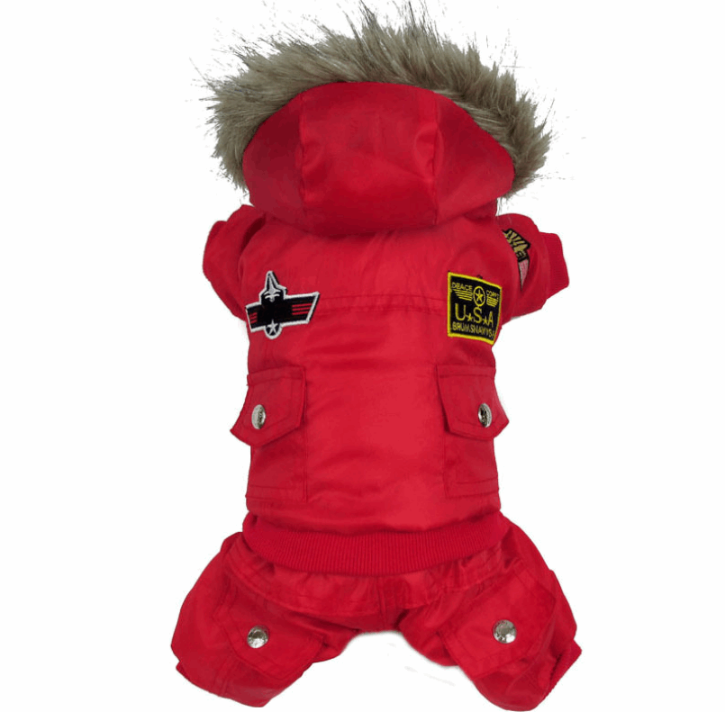 An Air Force dog cozy snowsuit is warm and available at Adorable Pet Supply.