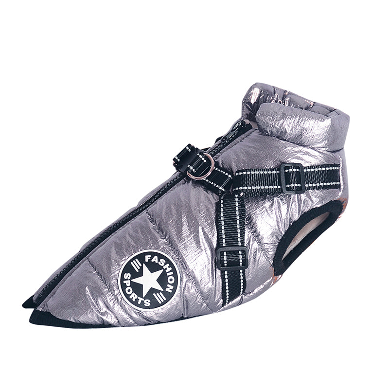 A fashionable sporty dog jacket for the winter available at Adorable Pet Supply.