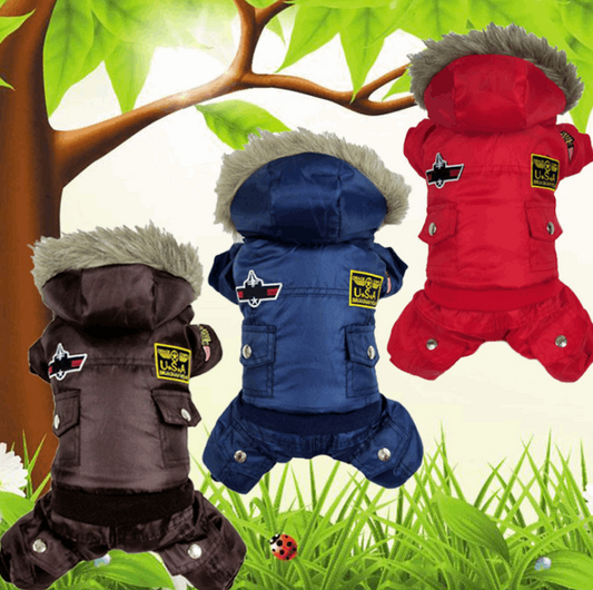 An Air Force dog cozy snowsuit is warm and available at Adorable Pet Supply.