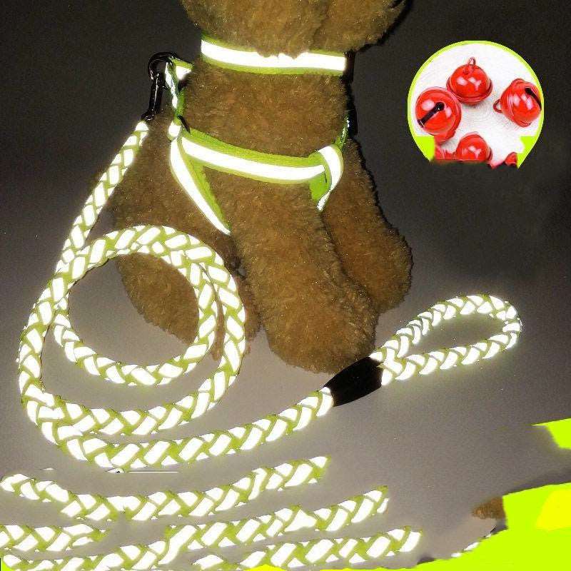 A reflective colorful dog leash and harness is available at Adorable Pet Supply.