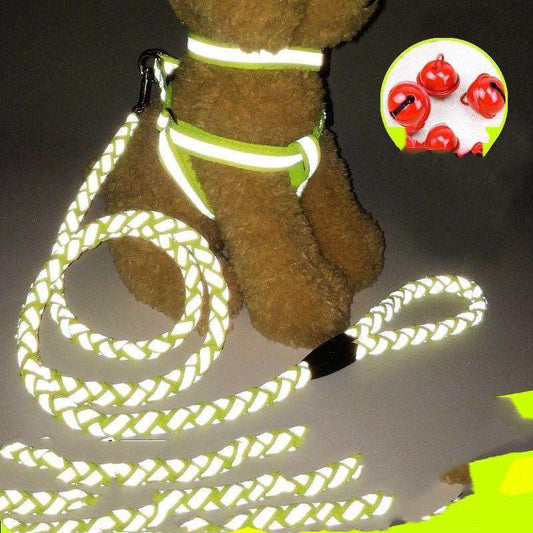 A reflective colorful dog leash and harness  is available at Adorable Pet Supply.