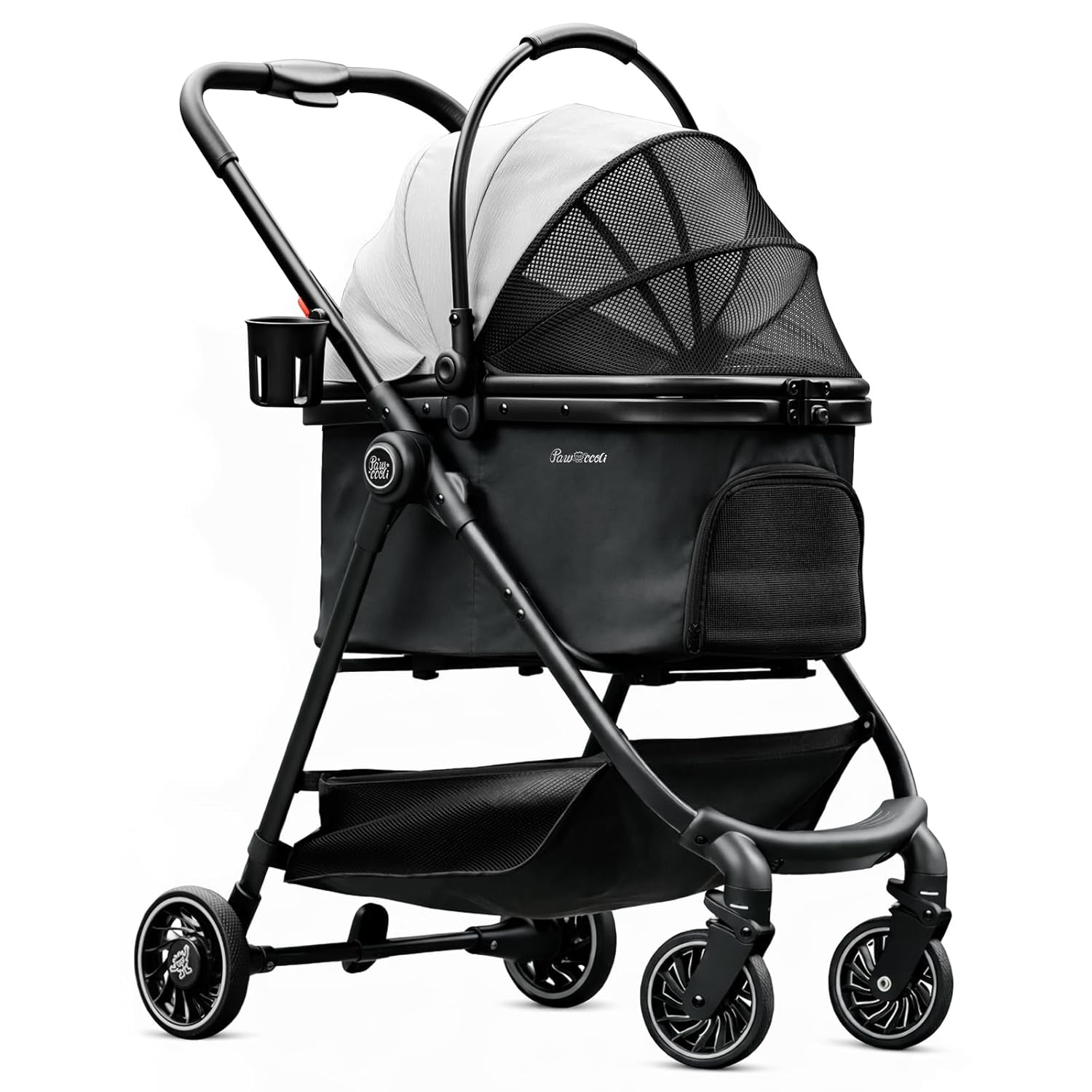 Black pet stroller with a white cover on a white background