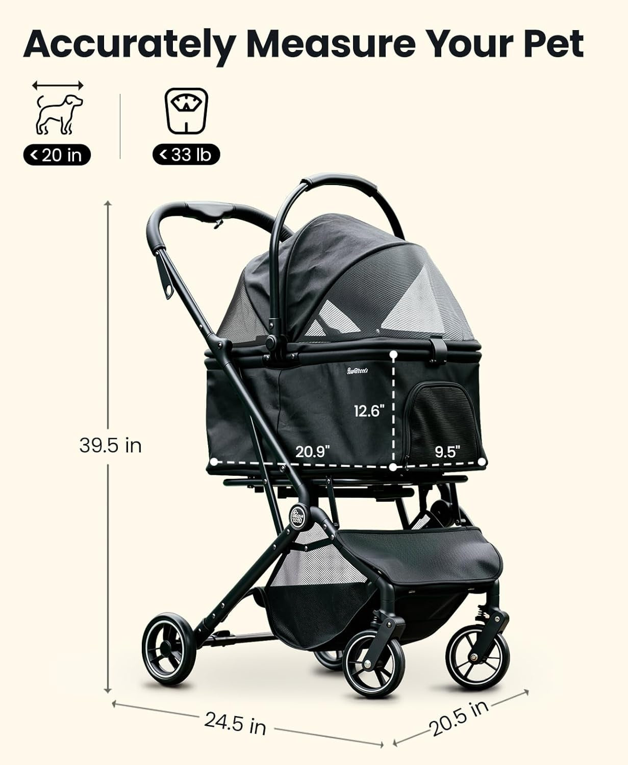 Pet stroller with dimensions labeled on a white background