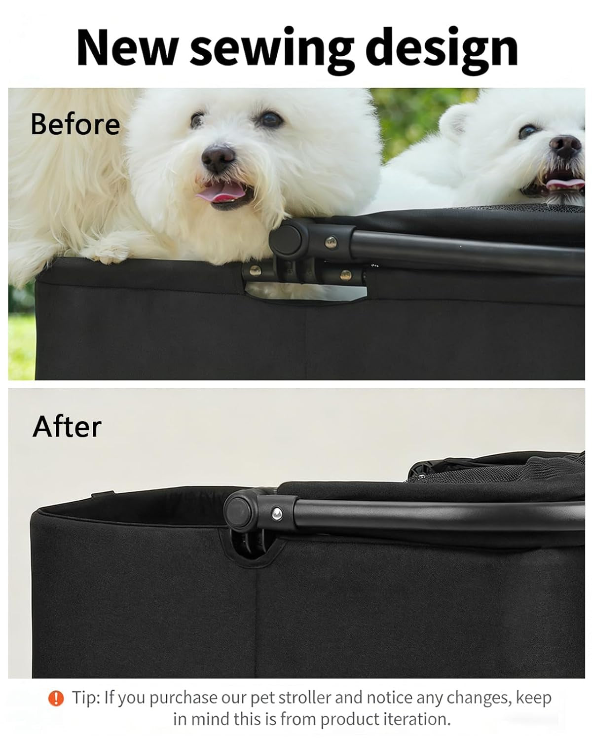 Comparison of a pet stroller with and without a new sewing design, featuring a white dog.