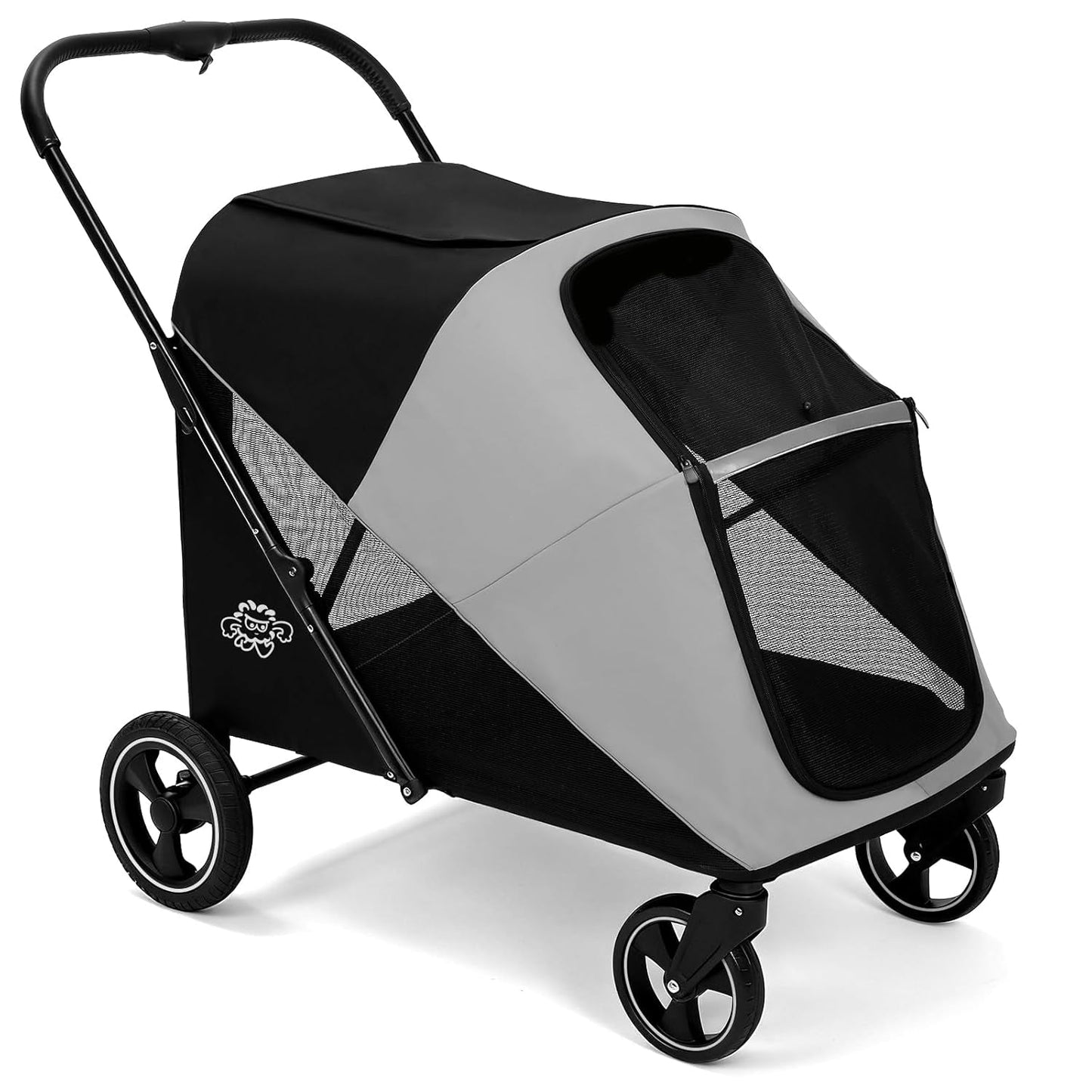 Pet stroller with black and gray design on a white background