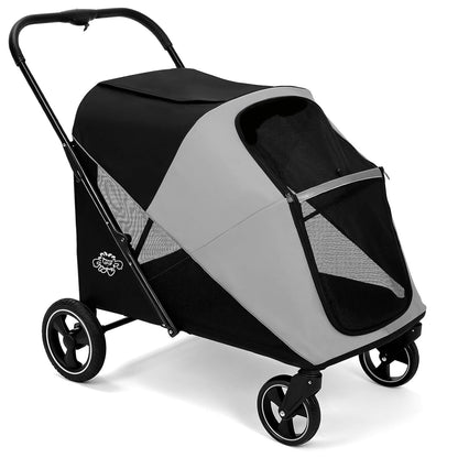 Pet stroller with black and gray design on a white background