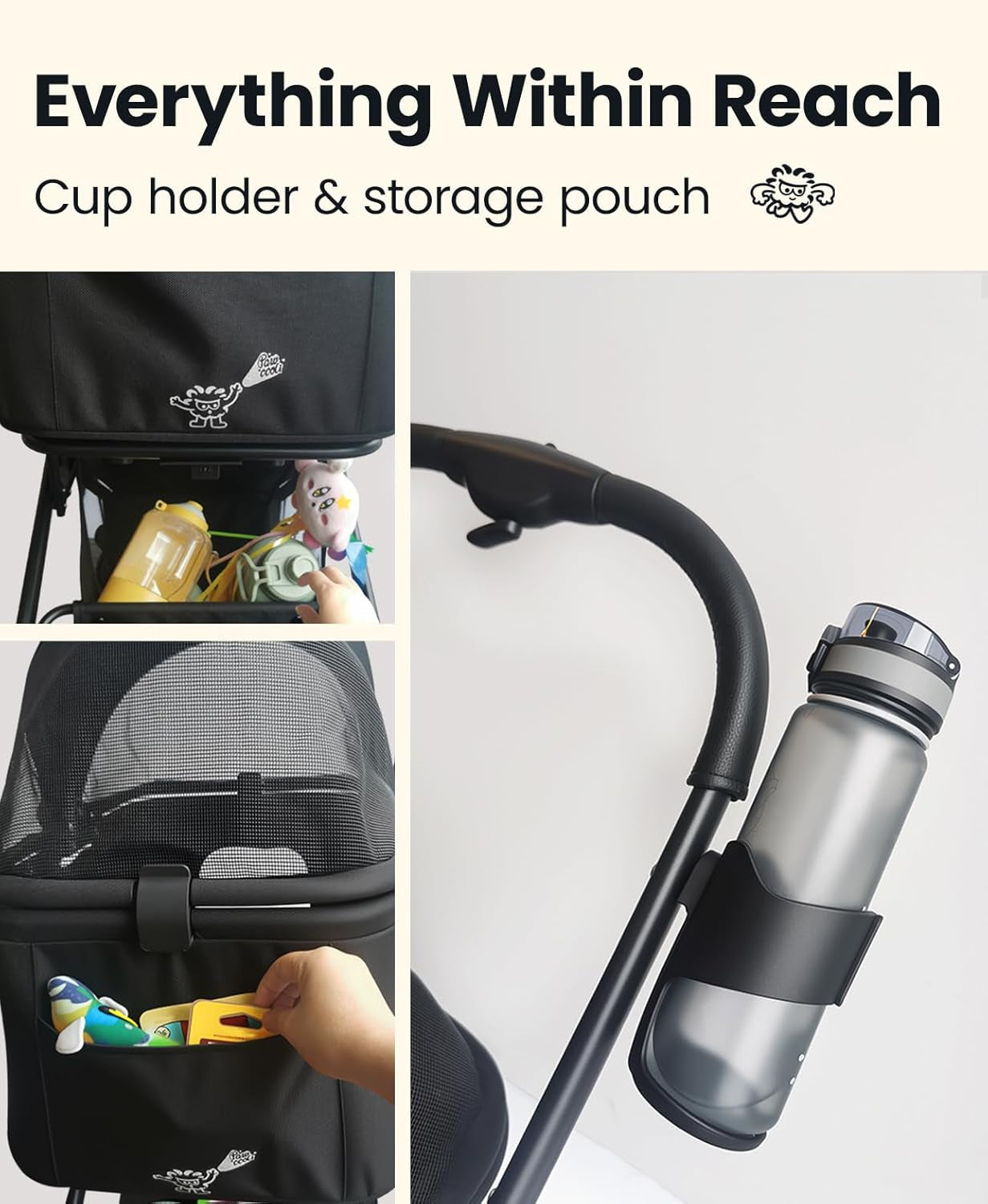 A cup holder and storage pouch for stroller with product display and text 'Everything Within Reach'.
