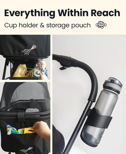 A cup holder and storage pouch for stroller with product display and text 'Everything Within Reach'.