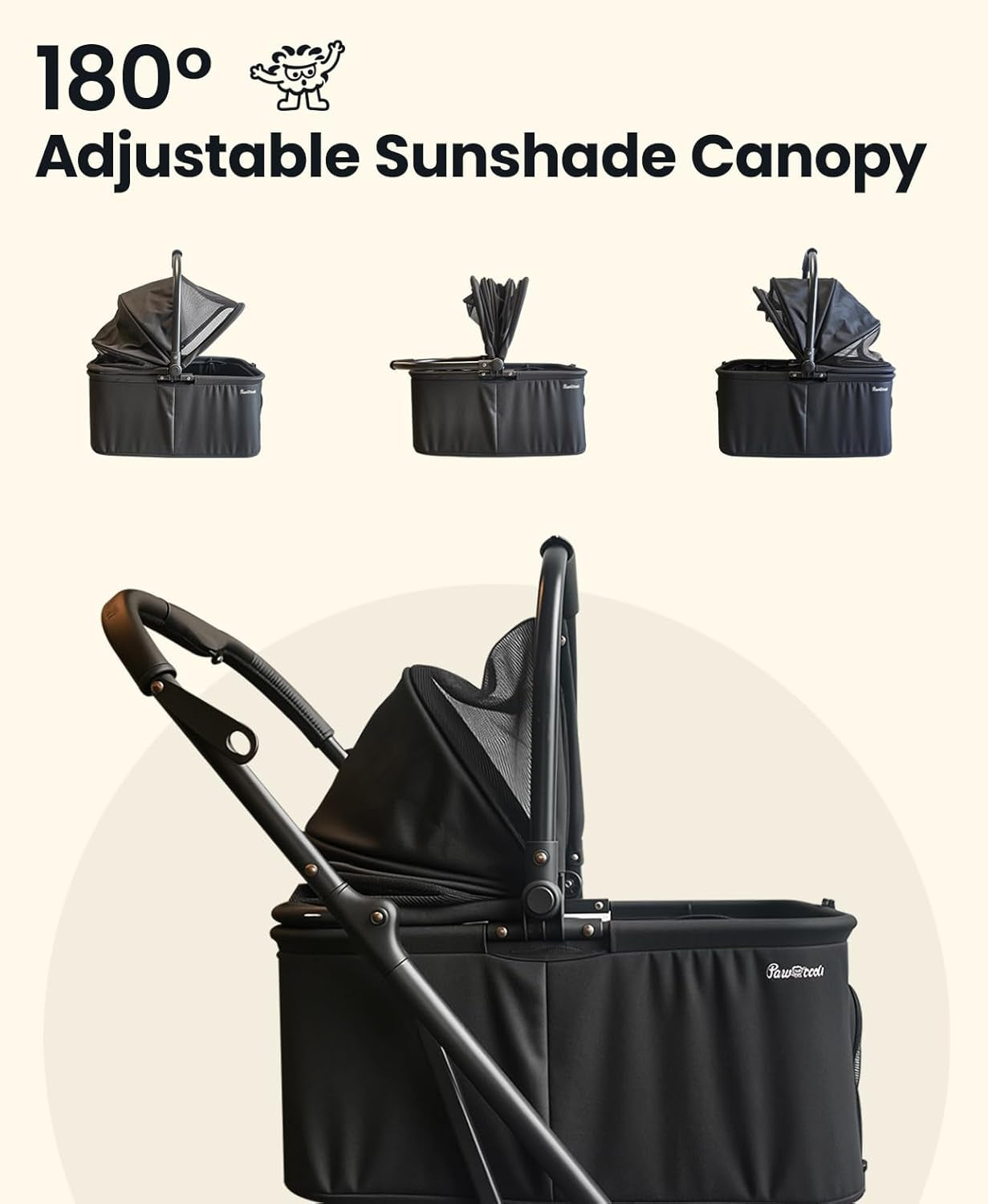 A black stroller with an adjustable sunshade canopy is available at Adorable Pet Supply.