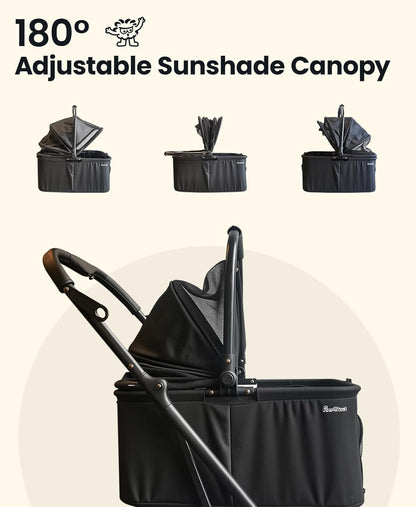 A black stroller with an adjustable sunshade canopy is available at Adorable Pet Supply.
