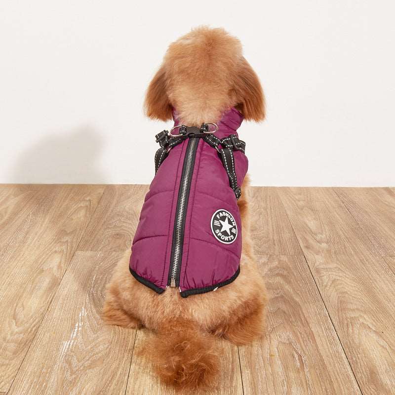 A fleece jacket and harness is available at Adorable Pet Supply.