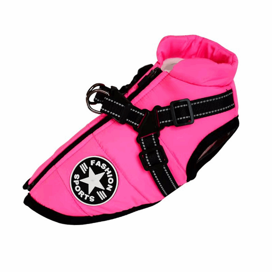 A fleece jacket and harness is available at Adorable Pet Supply.