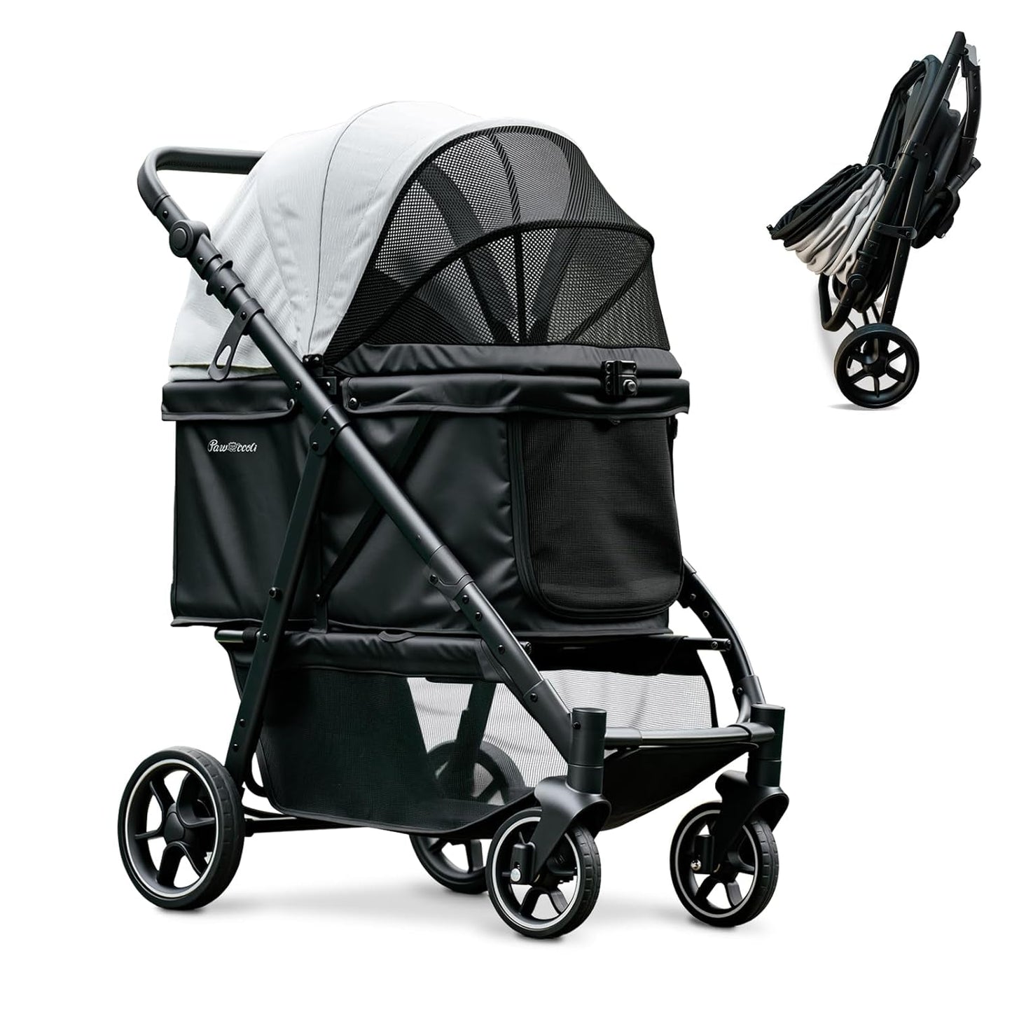Black and gray pet stroller with a folded version on a white background