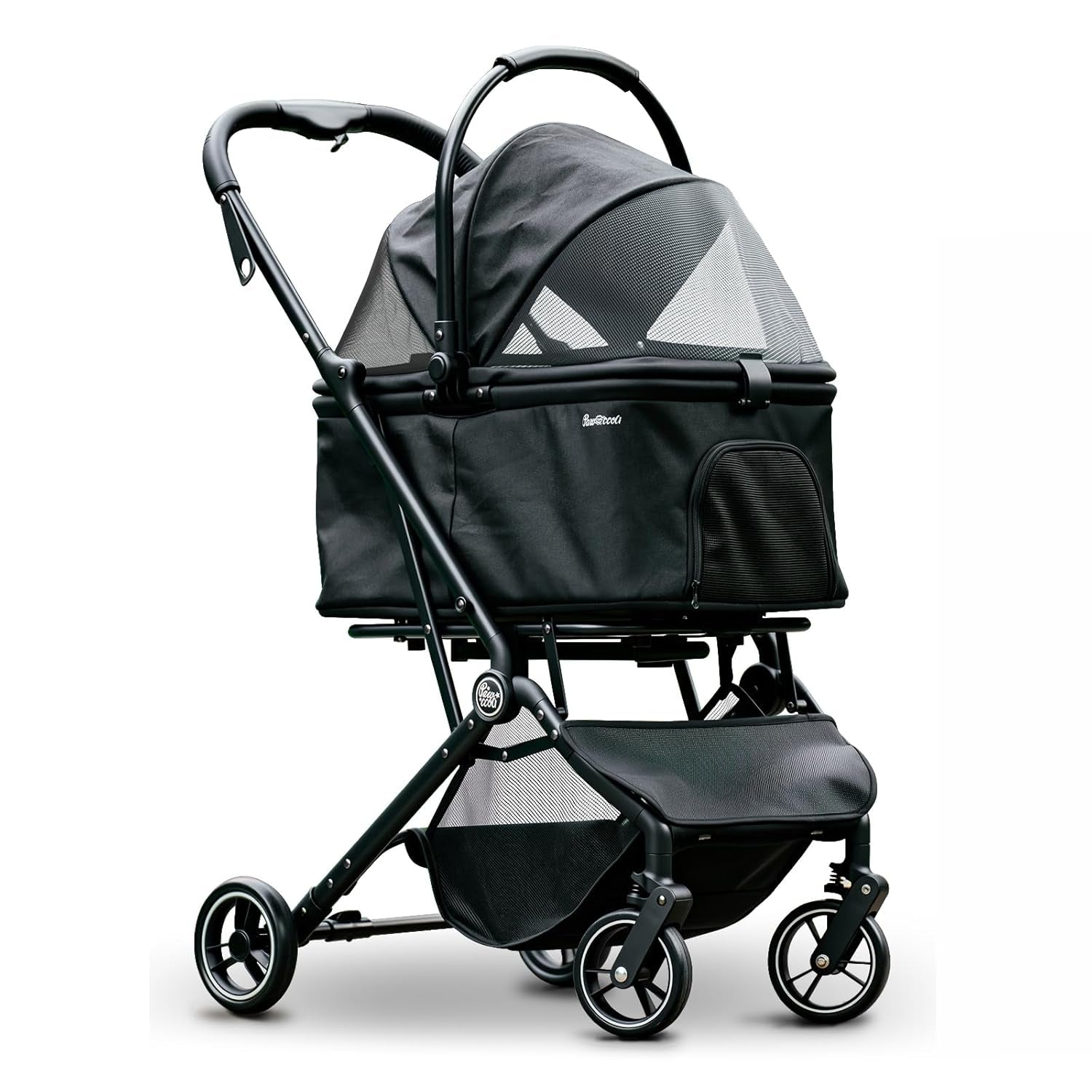 A black stroller pet carrier with a mesh canopy and side pocket, shown on a clean white background.