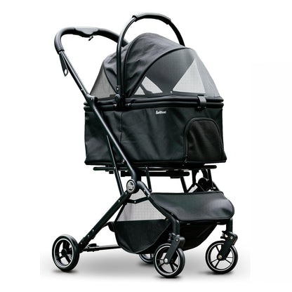A black stroller pet carrier with a mesh canopy and side pocket, shown on a clean white background.